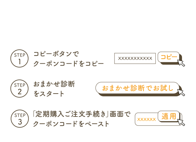 ※上記のクーポンコードは初回購入時のみご利用いただけます。※クーポンは半角英数字で入力ください。※クーポンは1回のみご利用いただけます。他のクーポンとの併用はできません。 クーポンコードの使い方