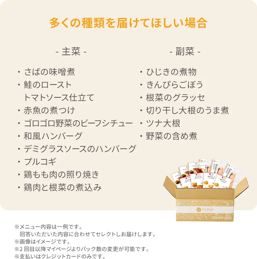 多くの種類を届けてほしい場合主菜・さばの味噌煮・鮭のローストトマトソース仕立て・赤魚の煮つけ・ゴロゴロ野菜のビーフシチュー・和風ハンバーグ・デミグラスソースのハンバーグ・プルコギ・鶏もも肉の照り焼き・鶏肉と根菜の煮込み副菜・ひじきの煮物・きんぴらごぼう・ずいきの炊いたん・切り干し大根のうま煮・大根とゆず皮の甘酢和え・野菜の含め煮※メニュー内容は一例です。回答いただいた内容に合わせてセレクトしお届けします。※画像はイメージです。※2回目以降マイページよりパック数の変更が可能です。