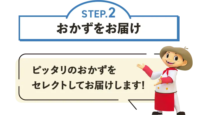 STEP.2 おかずをお届け ピッタリのおかずをセレクトしてお届けします! 