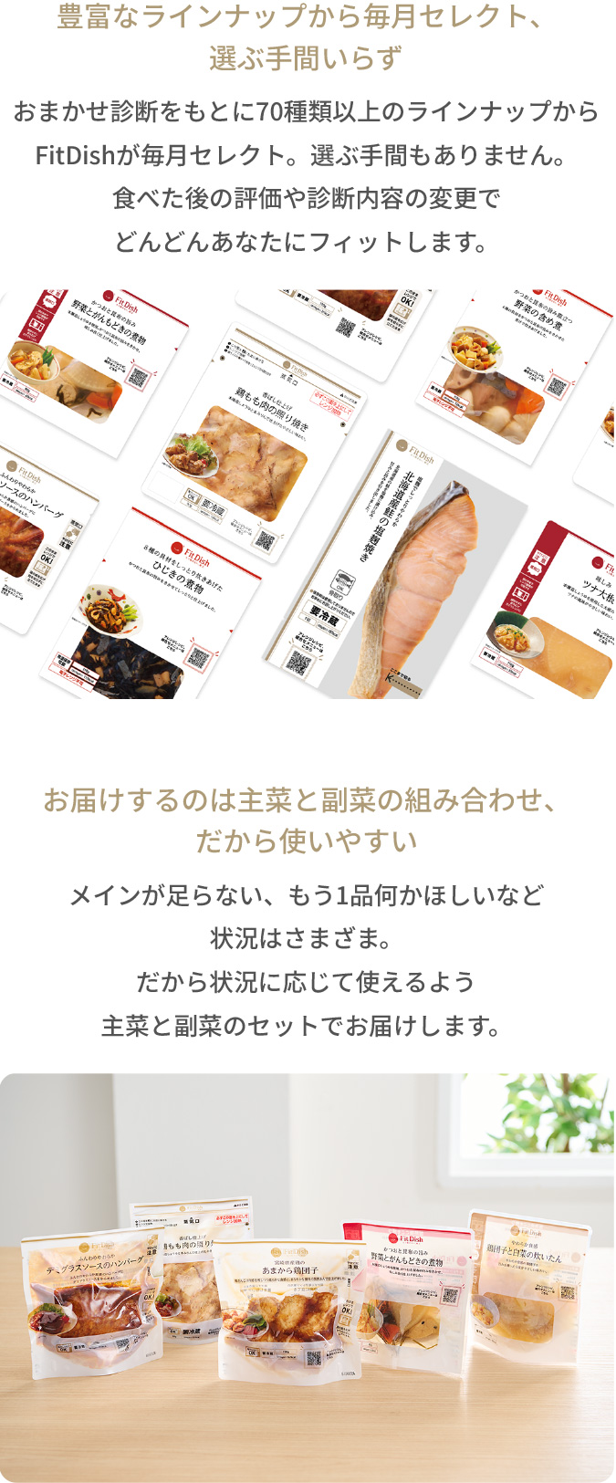 【豊富なラインナップから毎月セレクト、選ぶ手間いらず】おまかせ診断をもとに70種類以上のラインナップからFitDishが毎月セレクト。選ぶ手間もありません。食べた後の評価や診断内容の変更でどんどんあなたにフィットします。【お届けするのは主菜と副菜の組み合わせ、だから使いやすい】メインが足らない、もう1品何かほしいなど状況はさまざま。だから状況に応じて使えるよう主菜と副菜のセットでお届けします。