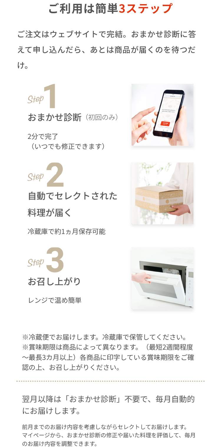 ご利用は簡単3ステップご注文はウェブサイトで完結。おまかせ診断に答えて申し込んだら、あとは商品が届くのを待つだけ。