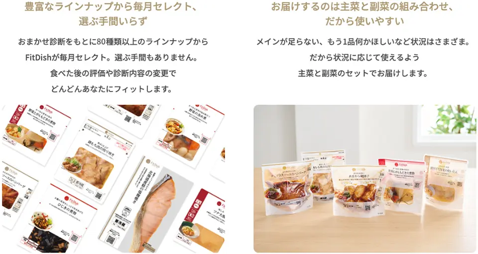 【豊富なラインナップから毎月セレクト、選ぶ手間いらず】おまかせ診断をもとに80種類以上のラインナップからFitDishが毎月セレクト。選ぶ手間もありません。食べた後の評価や診断内容の変更でどんどんあなたにフィットします。【お届けするのは主菜と副菜の組み合わせ、だから使いやすい】メインが足らない、もう1品何かほしいなど状況はさまざま。だから状況に応じて使えるよう主菜と副菜のセットでお届けします。