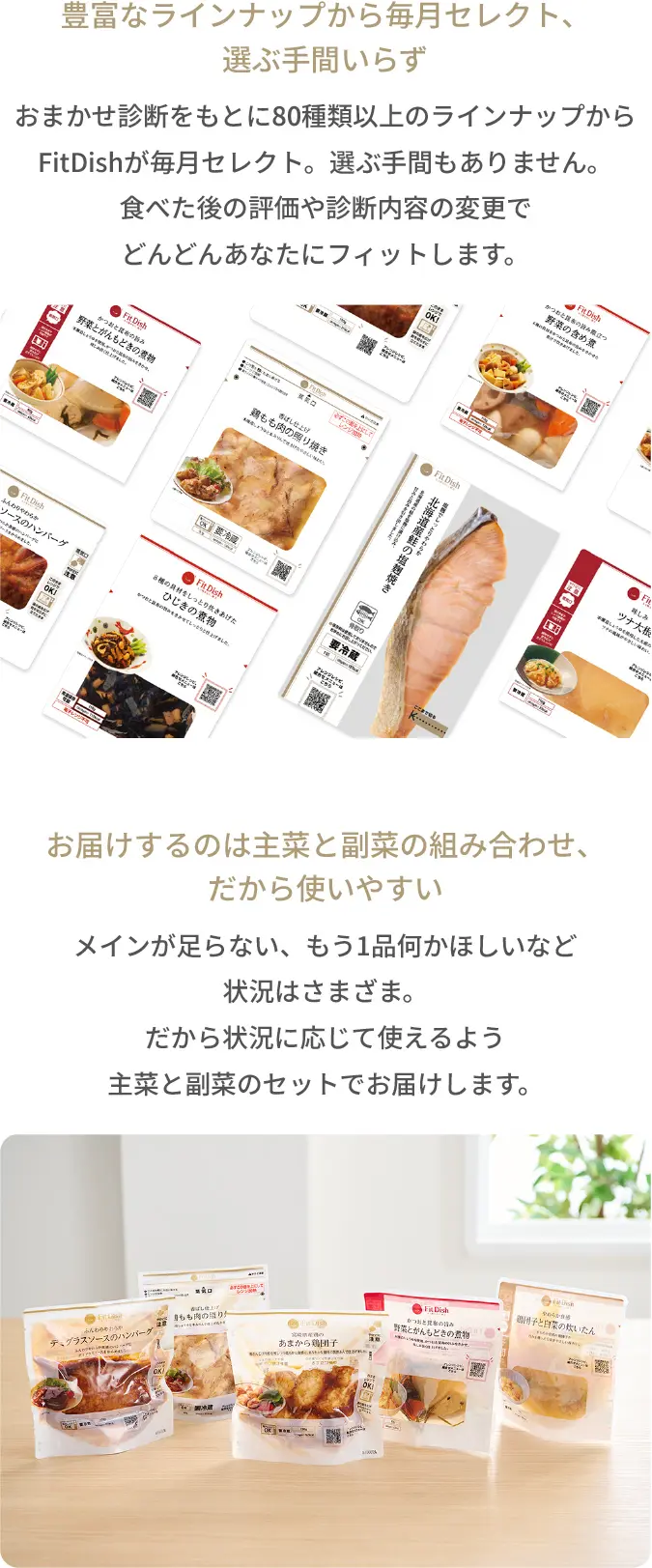 【豊富なラインナップから毎月セレクト、選ぶ手間いらず】おまかせ診断をもとに80種類以上のラインナップからFitDishが毎月セレクト。選ぶ手間もありません。食べた後の評価や診断内容の変更でどんどんあなたにフィットします。【お届けするのは主菜と副菜の組み合わせ、だから使いやすい】メインが足らない、もう1品何かほしいなど状況はさまざま。だから状況に応じて使えるよう主菜と副菜のセットでお届けします。