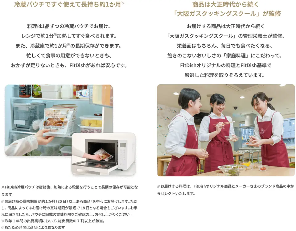 【冷蔵パウチですぐ使えて長持ち1か月】料理は1品ずつの冷蔵パウチでお届け、レンジで1~2分加熱してすぐ食べられます。また、冷蔵庫で約1か月の長期保存ができます。忙しくて食事の用意ができないときも、おかずが足りないときも、FitDishがあれば安心です。【商品は大正時代から続く「大阪ガスクッキングスクール」が監修】お届けする商品は大正時代から続く「大阪ガスクッキングスクール」の管理栄養士が監修、栄養面はもちろん、毎日でも食べたくなる、飽きのこないおいしさの「家庭料理」にこだわって、FitDishオリジナルの料理とFitDish基準で厳選した料理を取りそろえています。