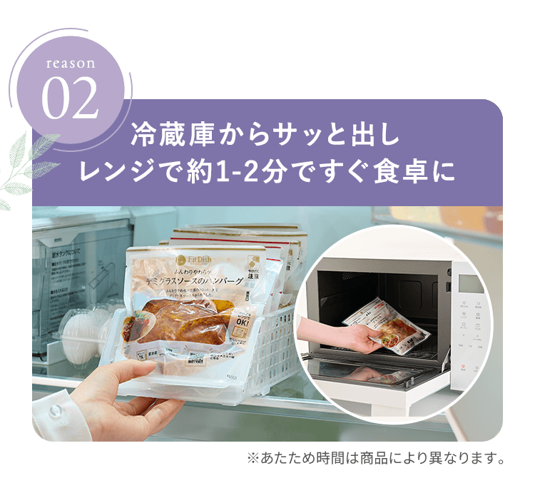 reason02 冷蔵庫からサッと出しレンジで約1-2分ですぐ食卓に ※あたため時間は商品により異なります。