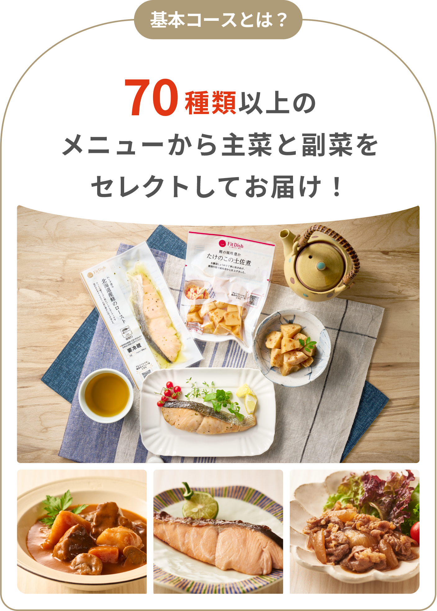 基本コースとは 70種類以上のメニューから主菜と副菜をセレクトしてお届け！